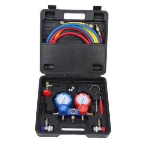 3 Way AC Gauge, Heavy Duty AC Manifold Gauge Set, Complete Kit for R134A R22 R12 R502 Refrigerants, Suitable for Automotive Residential HVAC, Refrigerator Maintenance