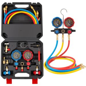 3-Way Manifold Gauge Set, Automotive AC Recharge Kit for R134A/R410A/R1234YF/R22/R404A, Refrigerant Charging Tool for Car Freon Charging & Evacuation