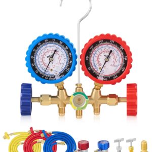 AC Manifold Gauge Set for R134a R12 R22 R502 Refrigerant, Car Gauge Set With 5FT Hoses, Adapter, Adjustable Couplers, Puncturing & Self Sealing R134A Can Tap Freon Charge Kit