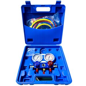 Briton 3-Way AC Manifold Gauge Set for R134A, R410A, R22, R404A – Freon Charging Kit with 3 Color-Coded 60-Inch Hoses (Yellow, Red, Blue) – HVAC Refrigeration Tool