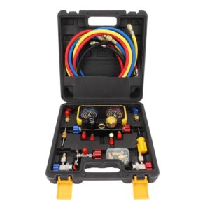 Cryfokt AC Gauges - Professional Manifold Pressure Gauges Tool Kit with R410a and R22 Safety Valves, Fit for R410a R22 R134a Refrigerants