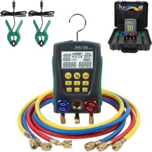 Digital Manifold Gauge Set With Dual-Channel Temp Sensor for 89 Refrigerants - HVAC Tools AC Gauges for Vacuum, Pressure & Temp Test - Includes Hoses
