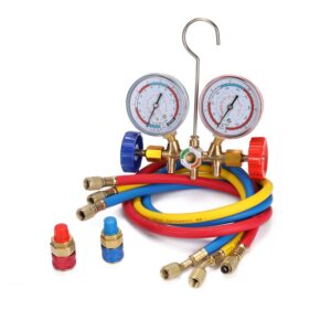 douself 3 Way Refrigerant Gauge AC Diagnostic Manifold Freon Gauge Set for R134A R12 R22 R502 Refrigerants with Couplers and Acme Adapter