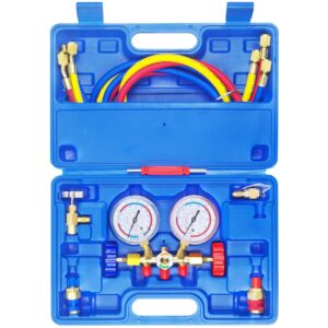 JIFETOR 3 Way AC Manifold Gauge Set, HVAC Diagnostic Freon Charging Tool for Auto Household R12 R22 R404A R134A Refrigerant, Quick Couplers Acme Adapter Valve Core Tool (5FT...