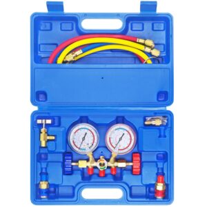 JIFETOR 3 Way AC Manifold Gauge Set, HVAC Diagnostic Refrigerant Charging Tool for Auto Household R404A R134A Refrigerant, Quick Couplers Adapter Valve Core Tool (3FT Hose, Can...