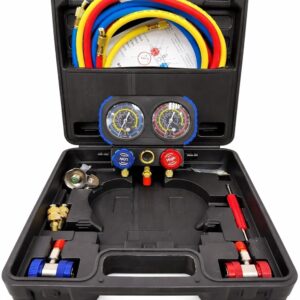 Manifold Gauge Set Air Conditioning Refrigerant adding Tool 3-Way Dual-Value Pressure Gauge with Hose, Quick Coupler, Adapters for R22/R134a/R410a/R404a Refrigerant