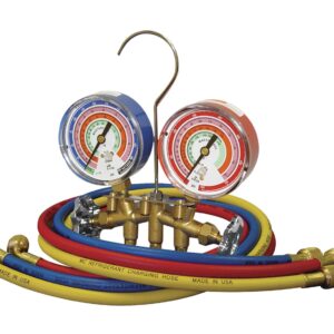 Mastercool 59136 2-Way Heavy Duty Brass Manifold Gauge Set with 3 1/8" Silicone-Dampened Gauges and 1/4" SAE Fittings for R410a, R22, R404A - U.S. Assembled & Tested with 36" Hoses