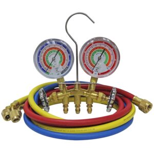 Mastercool 59161 Brass R410A, R22, R404A 2-Way Manifold Gauge Set With 3-1/8 Inch Gauges, 3-60 Hoses And Standard 1/4 Fittings