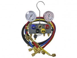 Mastercool 96472 4-Way 3/8" B/V Manifold Gauge Set w/3-1/4" Hoses w/Manual B/V 4-72" Hoses/Gauge Size 2 1/2"