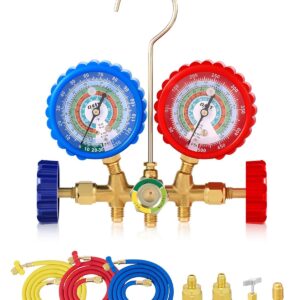 OMT AC Manifold Gauge Set for R134a R12 R22 R502, 3 Way Automotive Gauge Set With Antishock Gauges, Hoses, Couplers & Adapter, Puncturing Can Tap Freon Recharge Kit for HVAC