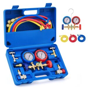 Orion Motor Tech 3 Way AC Diagnostic Manifold Gauge Set for Freon Charging, Fits R134A R12 R22 and R502 Refrigerants, with 5FT Hose, Acme Tank Adapters, Adjustable Couplers and...