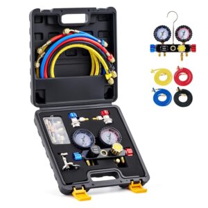 Orion Motor Tech 4 Way AC Gauge Set for R410a R22 R134a Refrigerant, 4 Valve Automotive AC Manifold with 5ft Hoses, R410a Adapters, Can Tap