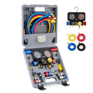 Orion Motor Tech R1234Yf Ac Gauge Set, 4 Way Gauges W Hoses R134A Quick Couplers Self Sealing Can Tap For Freon Charging, Kit R404A, Valve Manifold Set
