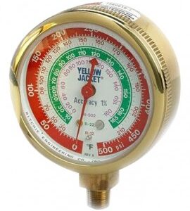 Yellow Jacket 49131 Dry Manifold Gauge, 3-1/8", red pressure, bar/psi, R134a/404A/407C, °C