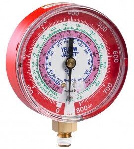 Yellow Jacket 49151 Dry Manifold Gauge, 3-1/8", red pressure, 0 to 500 psi, R134a/404A/407C, °F