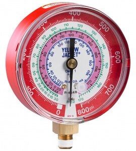 Yellow Jacket 49159 Dry Manifold Gauge, 3-1/8", red pressure, bar/psi, R-32/410A, °F and °C