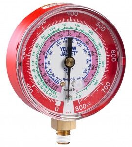 Yellow Jacket 49181 Dry Manifold Gauge, 3-1/8", red pressure, bar/psi, R134a/404A/407F, °C
