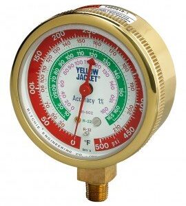 Yellow Jacket 49263 Dry Manifold Gauge, 3-1/8", red pressure, bar/MPa, R134a/404A/407C certified gauge °C