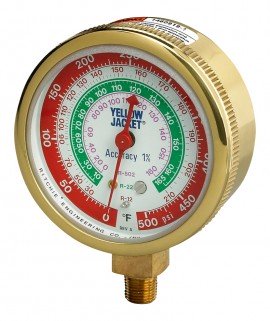 Yellow Jacket 49263 Dry Manifold Gauge, 3-1/8", red pressure, bar/MPa, R134a/404A/407C certified gauge °C
